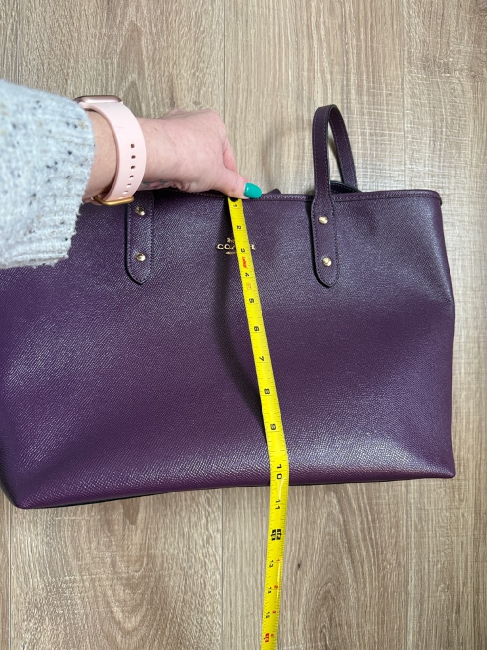 COACH Plum Leather Town Tote with Gold Hardware and Logo - Picture 6 of 7